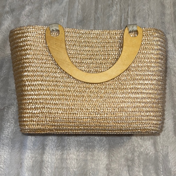 Vintage Real Straw Handbag/Tote with Wooden Handles - Picture 1 of 4